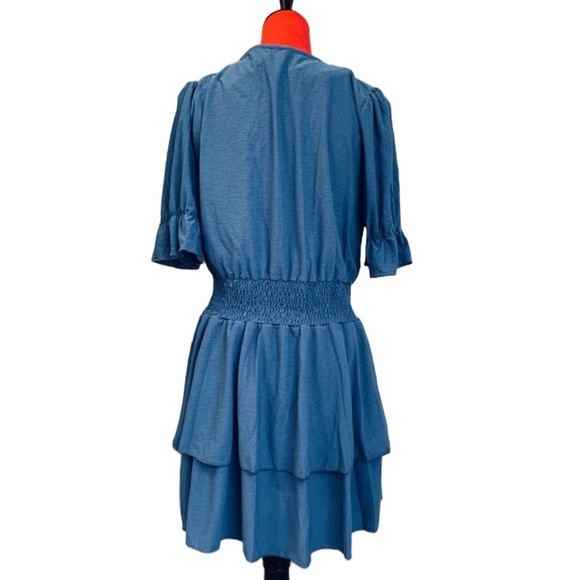 BLUE SHORT SLEEVE RUFFLE LAYERED PEPLUM DRESS - Picture 6 of 6